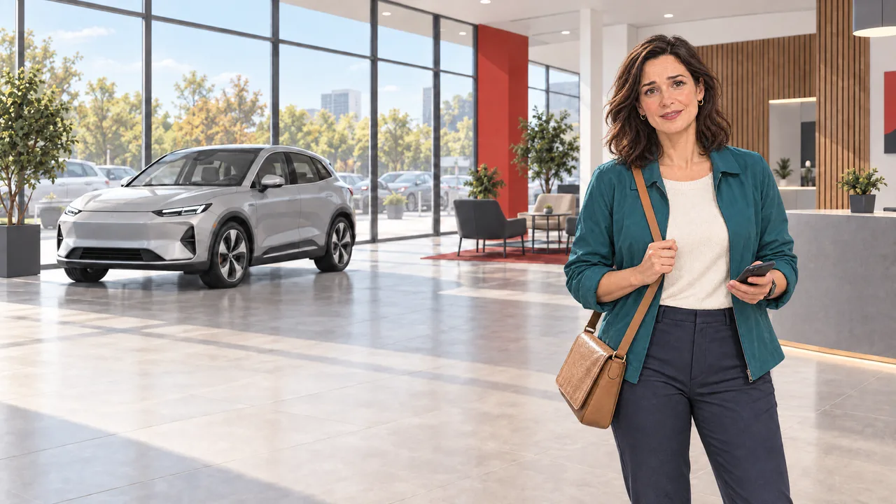 Laura, the customer in this scenario, standing in a car showroom